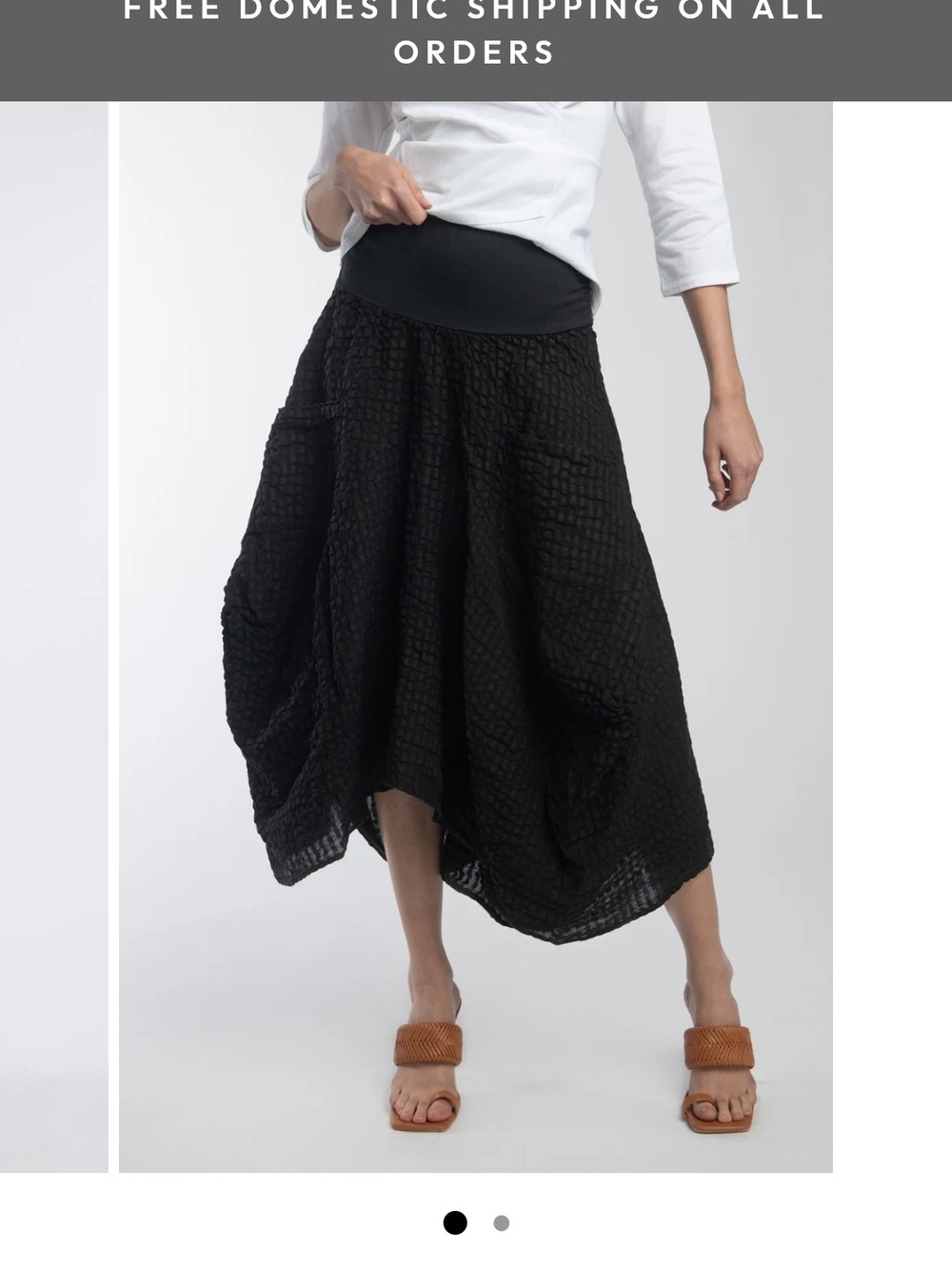 Luna Luz Paloma Skirt.Black Textured Midi Bubble Skirt with Wide Waistband